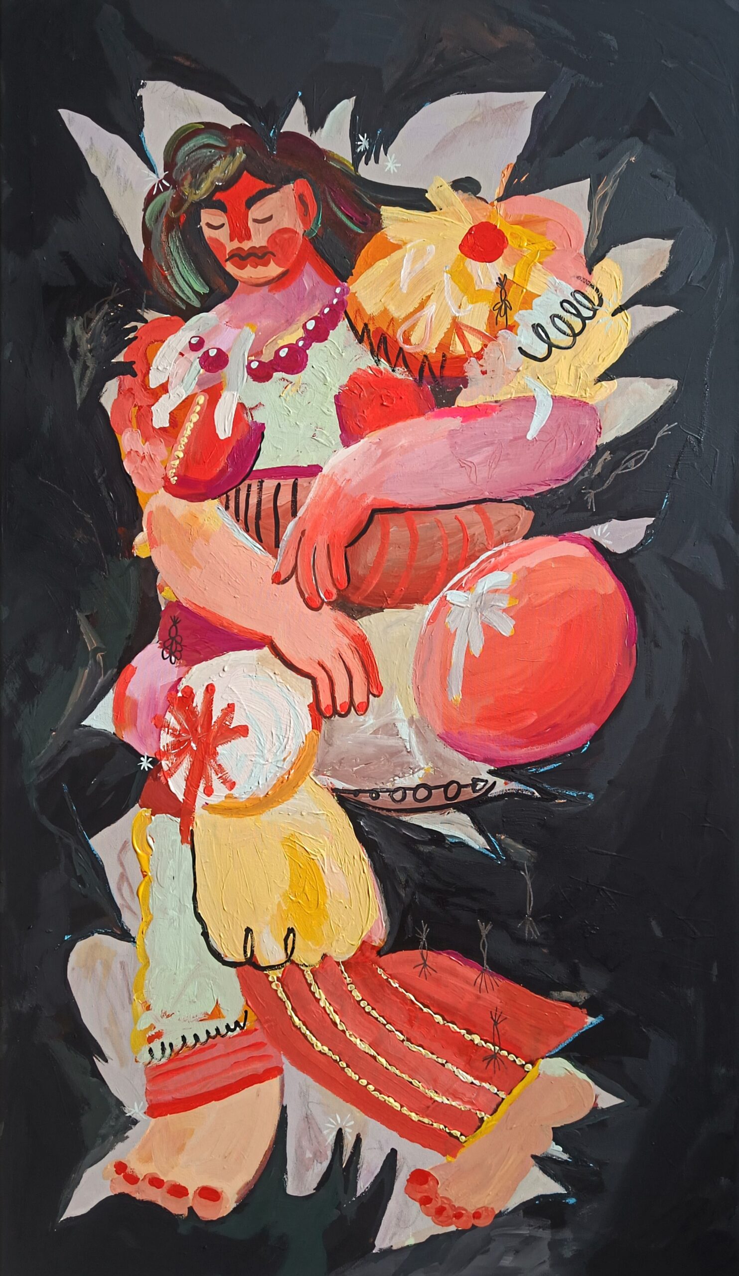 Painting of a colorful human figure confined inside a dark spiked structure, the thorns press into the body and suggest societal pressure, distortion and the struggle between conformity and freedom. Acrylic on canvas.