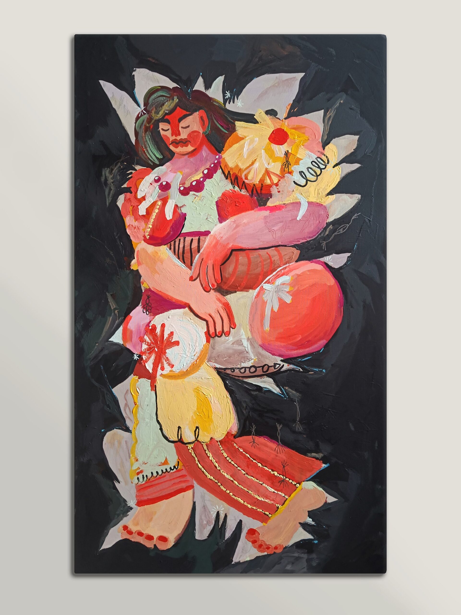 Painting of a colorful human figure confined inside a dark spiked structure, the thorns press into the body and suggest societal pressure, distortion and the struggle between conformity and freedom. Acrylic on canvas.