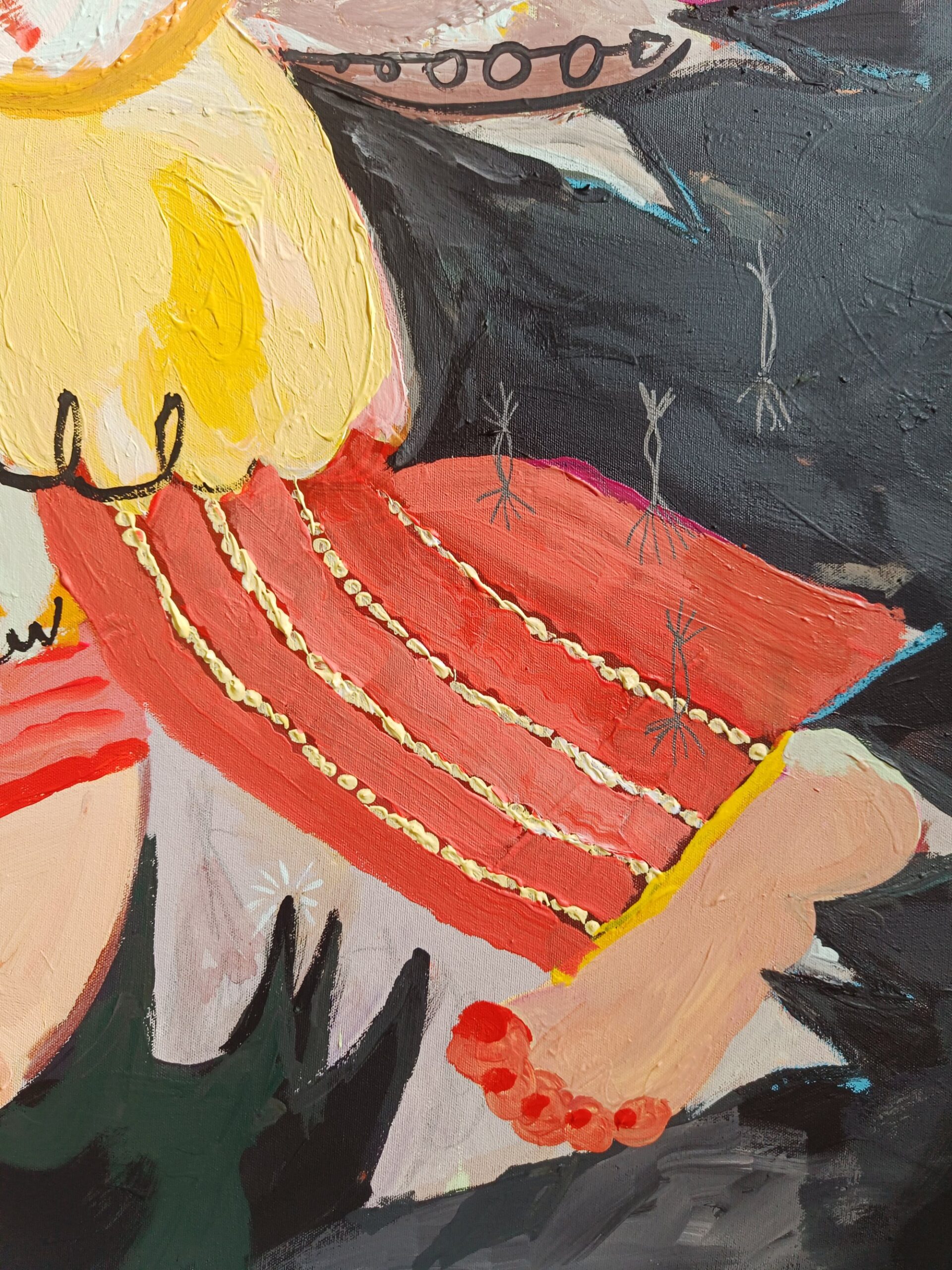 Painting of a colorful human figure confined inside a dark spiked structure, the thorns press into the body and suggest societal pressure, distortion and the struggle between conformity and freedom. Acrylic on canvas.