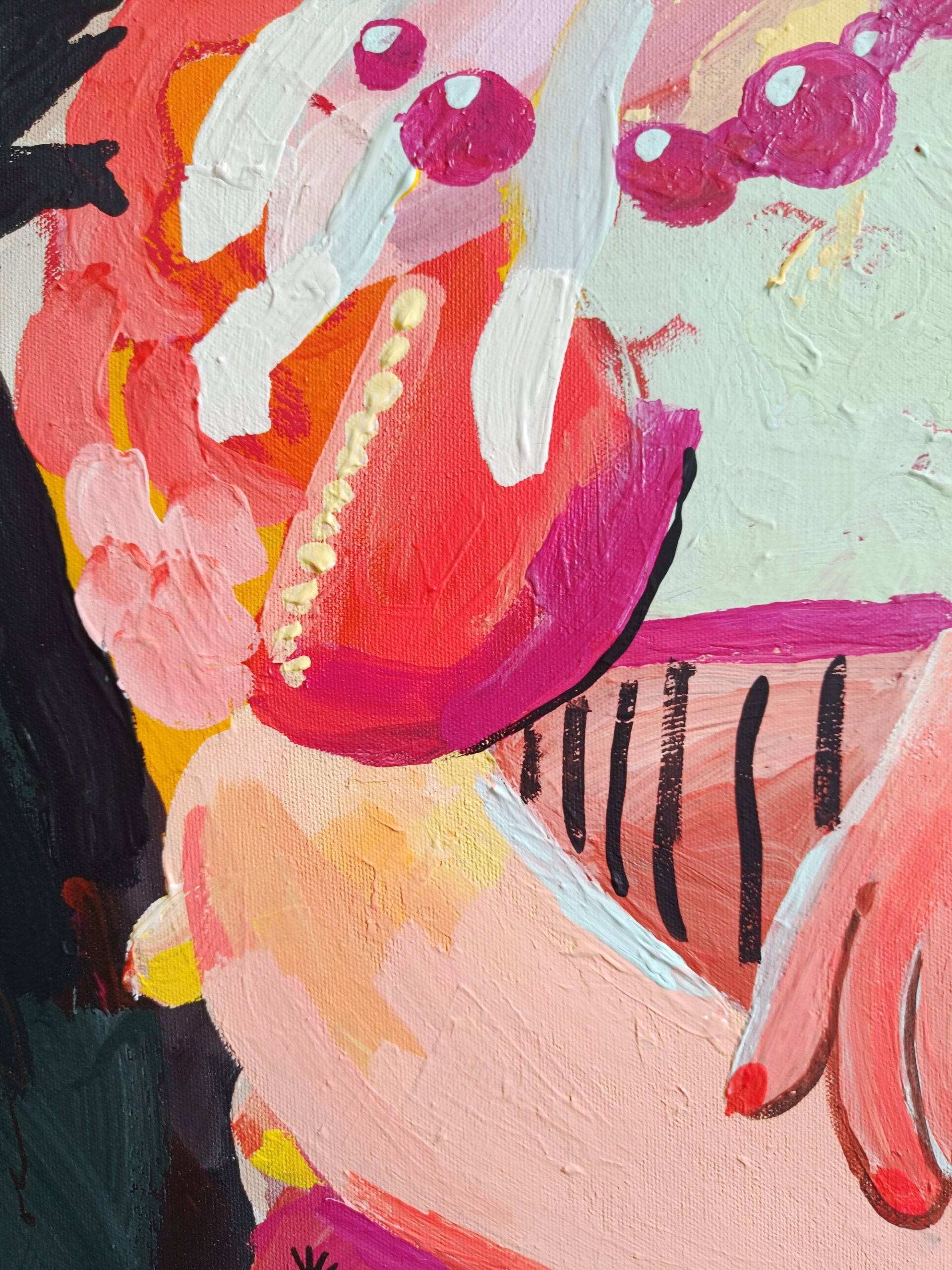 Painting of a colorful human figure confined inside a dark spiked structure, the thorns press into the body and suggest societal pressure, distortion and the struggle between conformity and freedom. Acrylic on canvas.