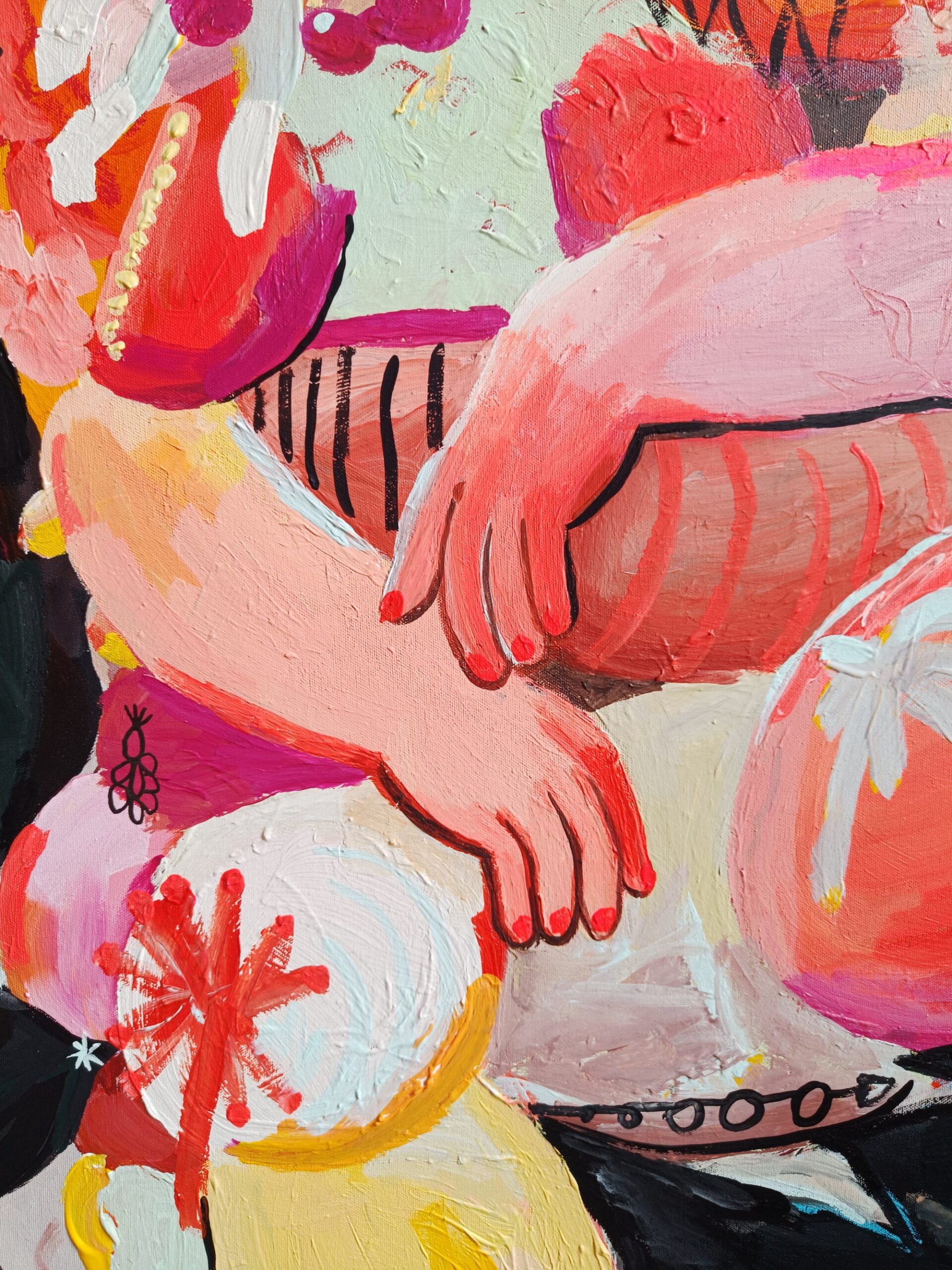 Painting of a colorful human figure confined inside a dark spiked structure, the thorns press into the body and suggest societal pressure, distortion and the struggle between conformity and freedom. Acrylic on canvas.