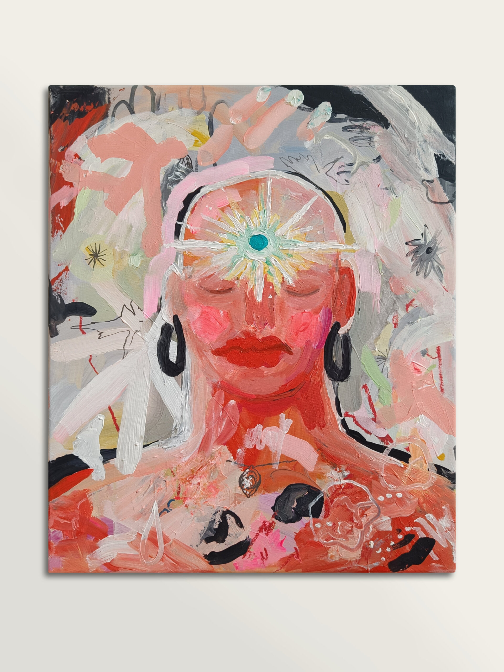 Abstract expressive painting showing a head with a glowing point between the eyes, surrounded by dynamic, chaotic brushstrokes, symbolizing the search for stillness and awareness within constant external noise. Acrylic on canvas.