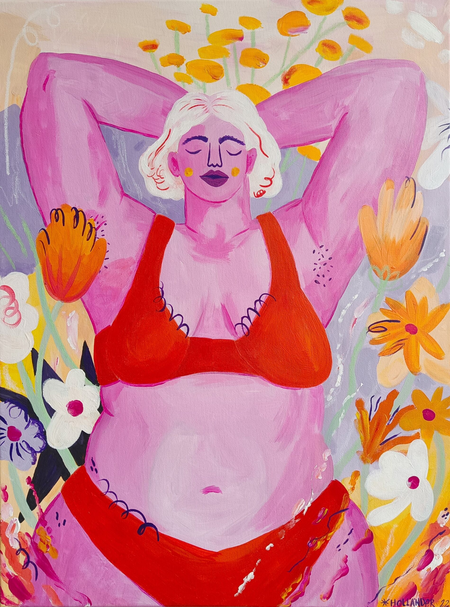Painting of a female figure with a fuller body occupying most of the canvas, depicted in acrylic and oil pastel. Background features abstract shapes and flowers representing growth, self-expression, and empowerment.
