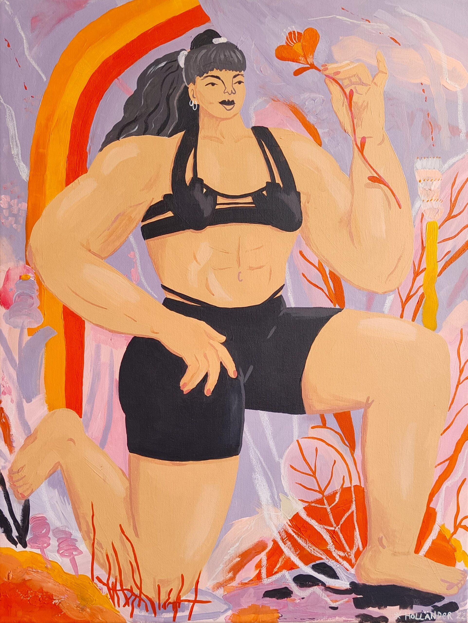 Painting of a female figure with a fuller body occupying most of the canvas, depicted in acrylic and oil pastel. Background features abstract shapes and flowers representing growth, self-expression, and empowerment.