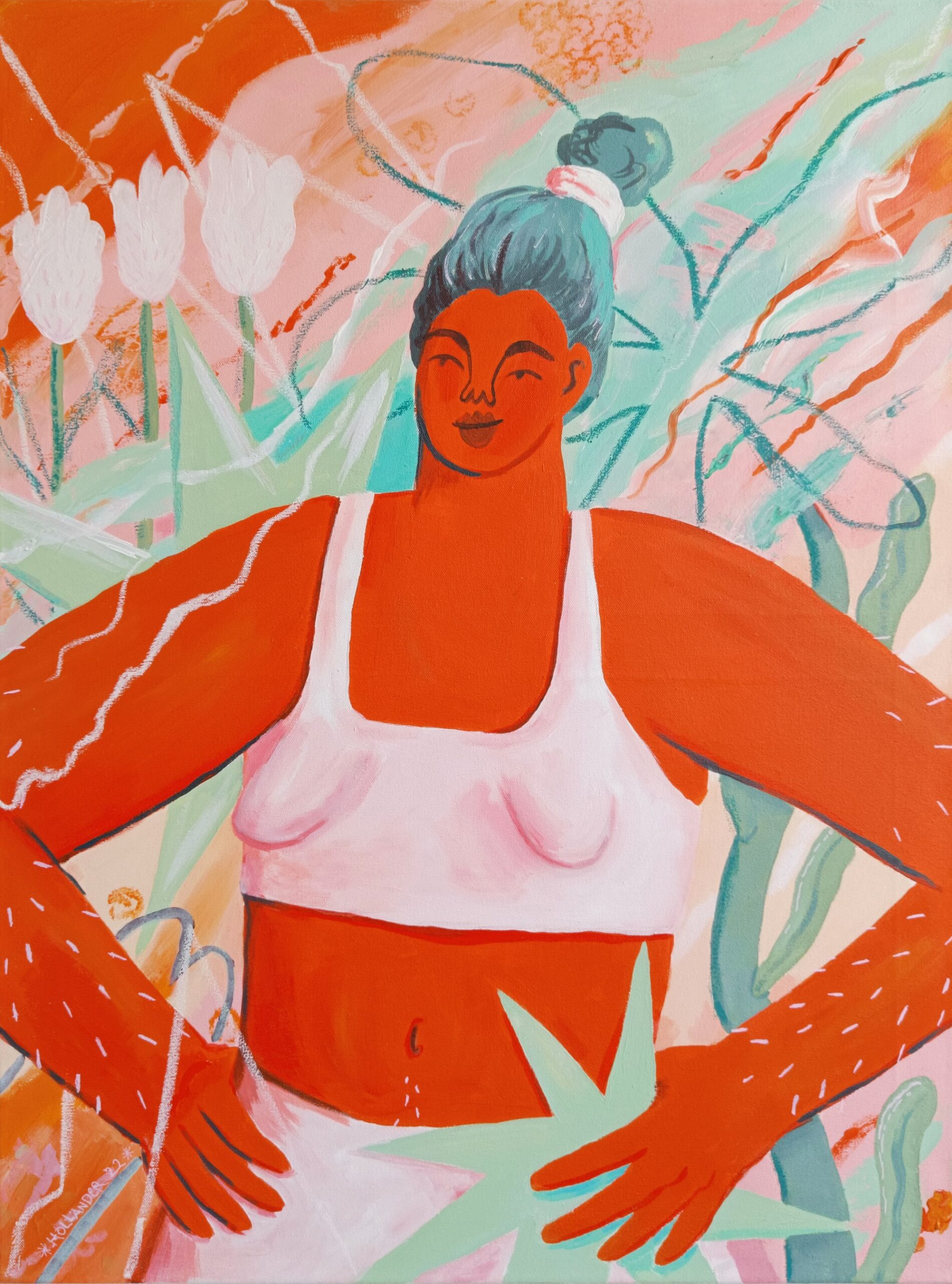 Painting of a female figure with a fuller body occupying most of the canvas, depicted in acrylic and oil pastel. Background features abstract shapes and flowers representing growth, self-expression, and empowerment.