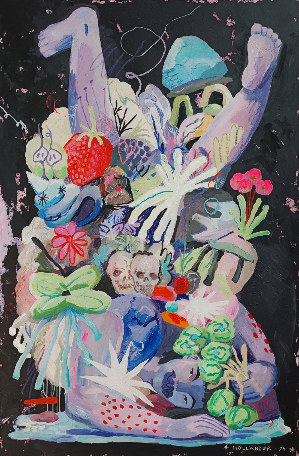 Acrylic painting by Vienna-based artist Petra Holländer showing a fallen female figure surrounded by symbolic objects and abstract forms, exploring exhaustion, societal expectations, and emotional resilience.