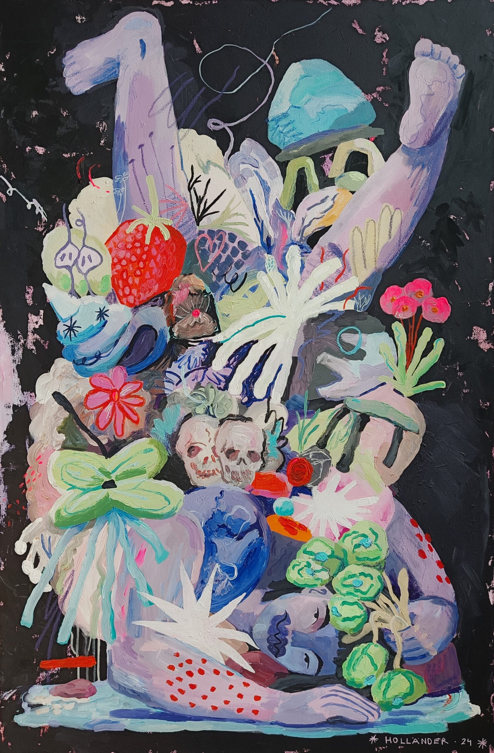 Acrylic painting by Vienna-based artist Petra Holländer showing a fallen female figure surrounded by symbolic objects and abstract forms, exploring exhaustion, societal expectations, and emotional resilience.