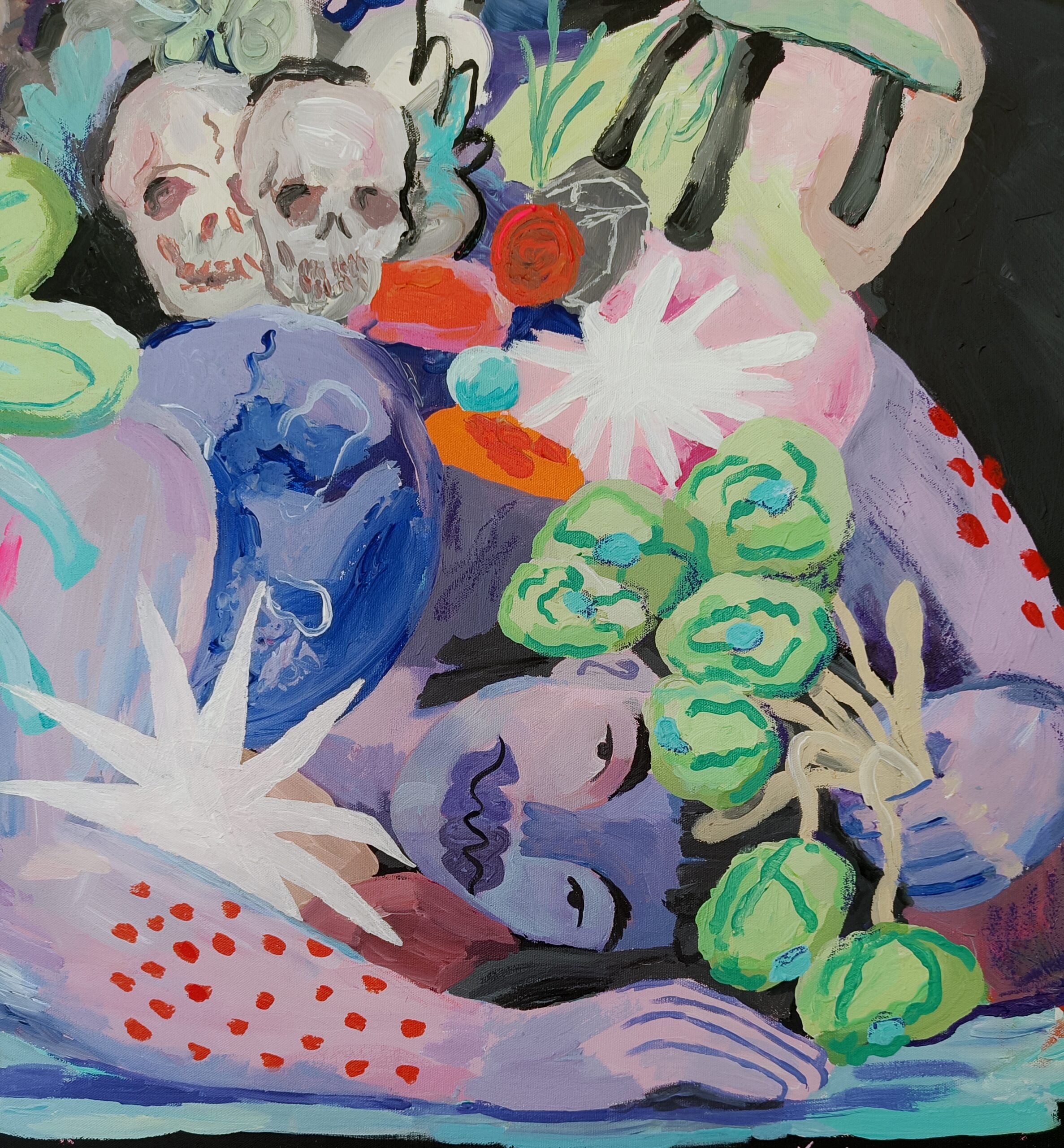 Acrylic painting by Vienna-based artist Petra Holländer showing a fallen female figure surrounded by symbolic objects and abstract forms, exploring exhaustion, societal expectations, and emotional resilience.