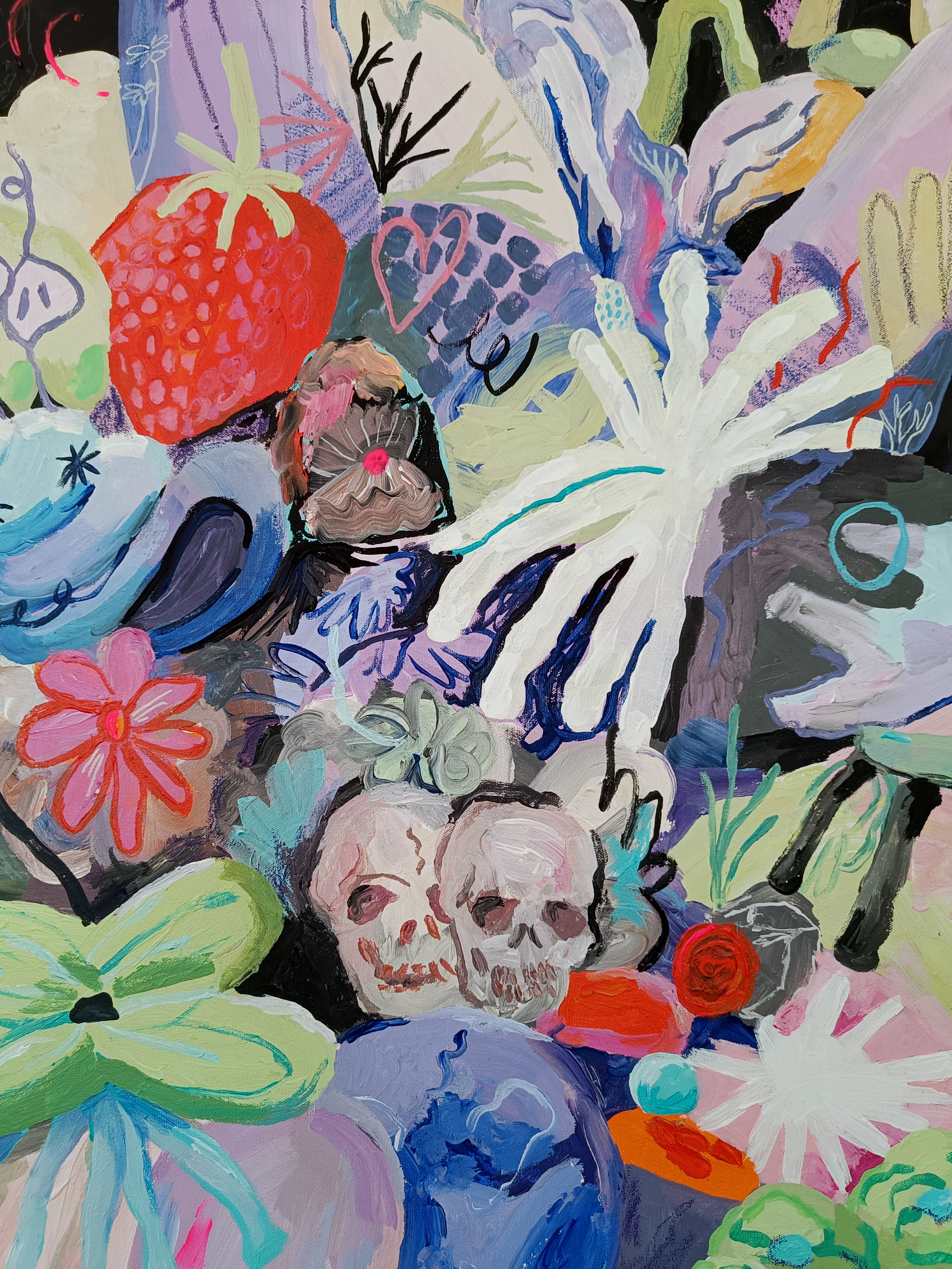 Acrylic painting by Vienna-based artist Petra Holländer showing a fallen female figure surrounded by symbolic objects and abstract forms, exploring exhaustion, societal expectations, and emotional resilience.