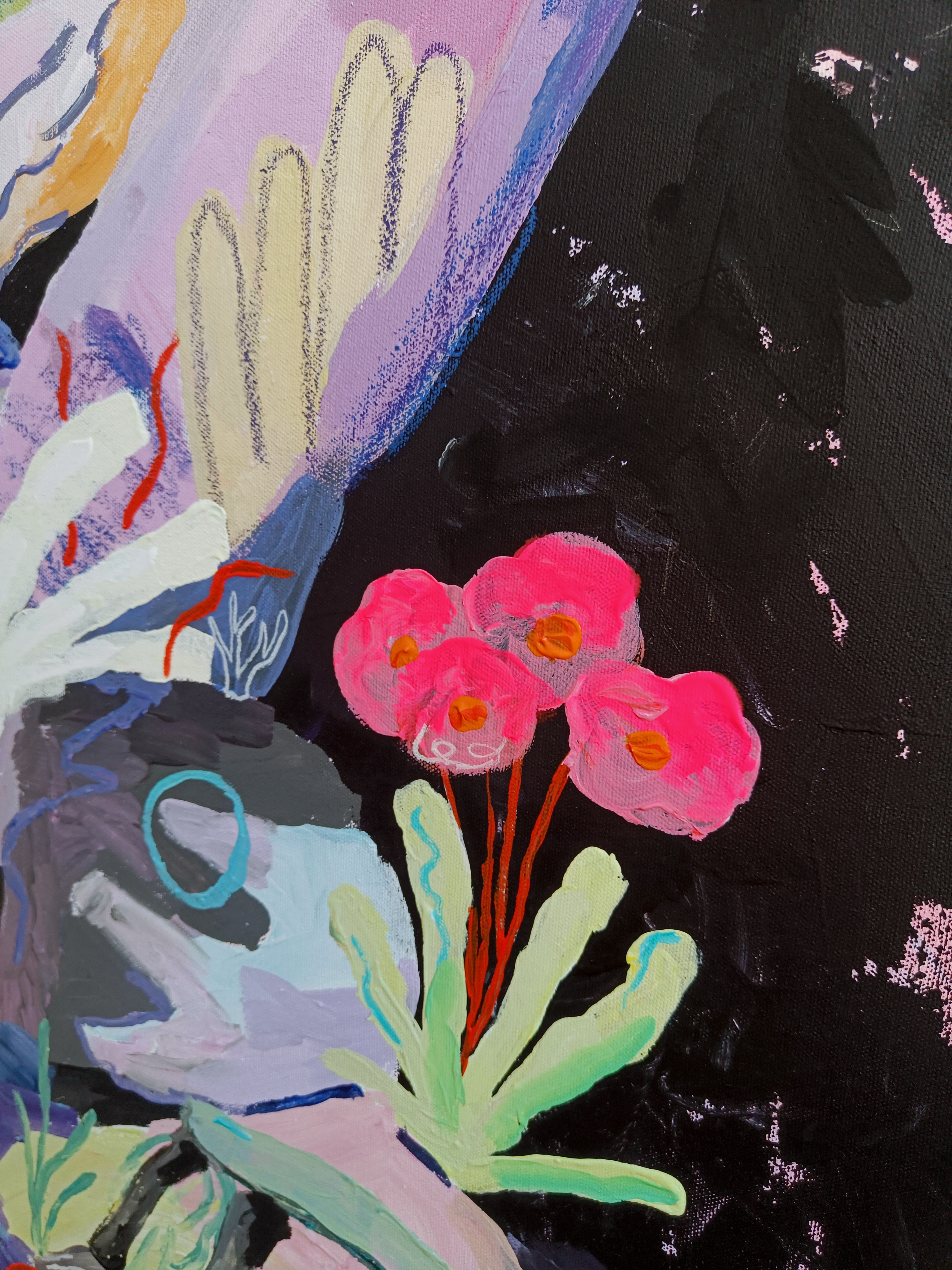 Acrylic painting by Vienna-based artist Petra Holländer showing a fallen female figure surrounded by symbolic objects and abstract forms, exploring exhaustion, societal expectations, and emotional resilience.