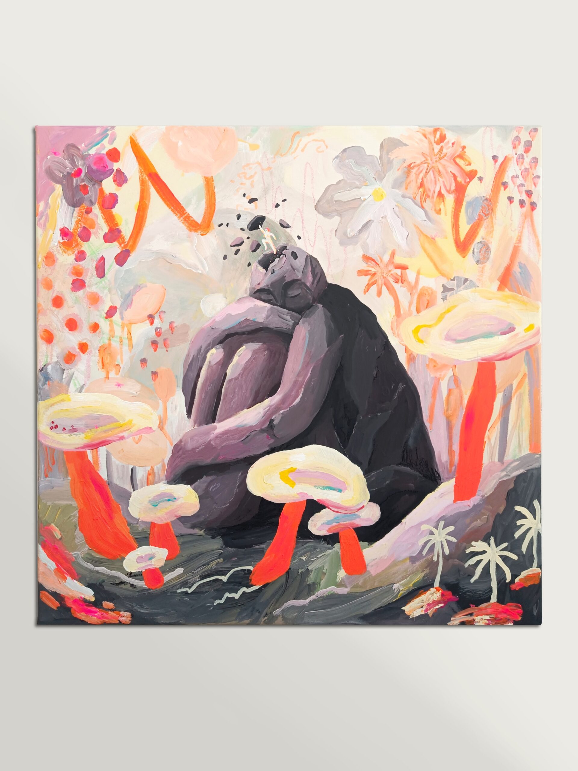 Acrylic painting by Petra Holländer of a large stone-like figure sitting with knees drawn in and arms around itself. A small glowing figure emerges from its head, scattering stone fragments in a colorful, fantastical landscape, representing breaking free from old patterns and discovering new possibilities.