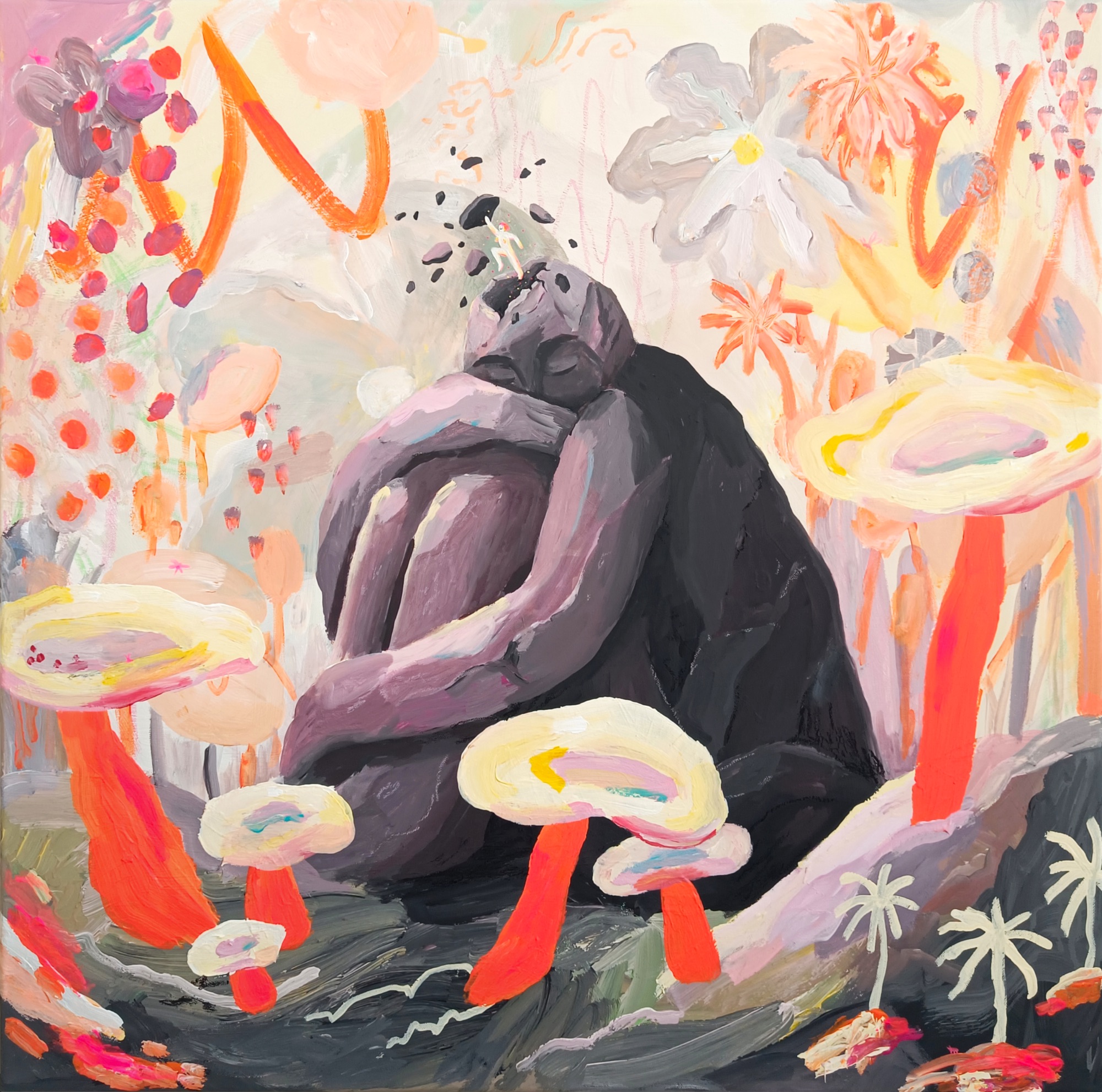 Acrylic painting by Petra Holländer of a large stone-like figure sitting with knees drawn in and arms around itself. A small glowing figure emerges from its head, scattering stone fragments in a colorful, fantastical landscape, representing breaking free from old patterns and discovering new possibilities.