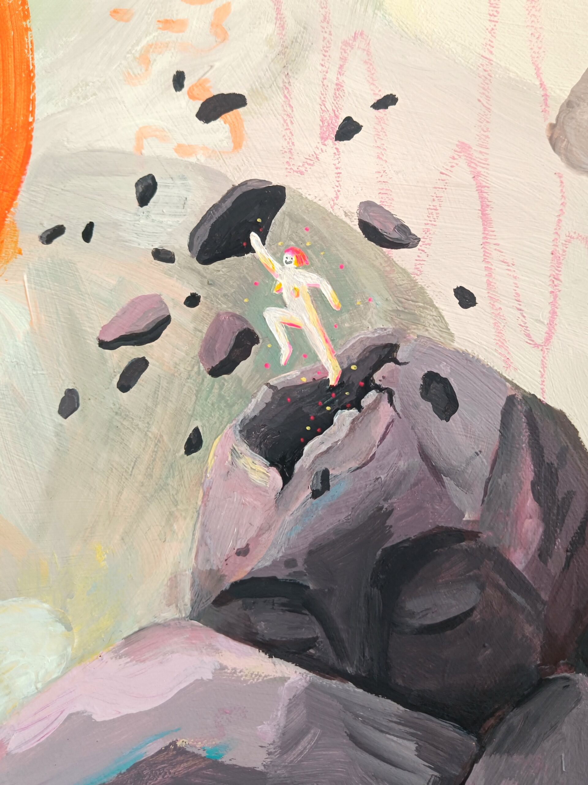 Acrylic painting by Petra Holländer of a large stone-like figure sitting with knees drawn in and arms around itself. A small glowing figure emerges from its head, scattering stone fragments in a colorful, fantastical landscape, representing breaking free from old patterns and discovering new possibilities.