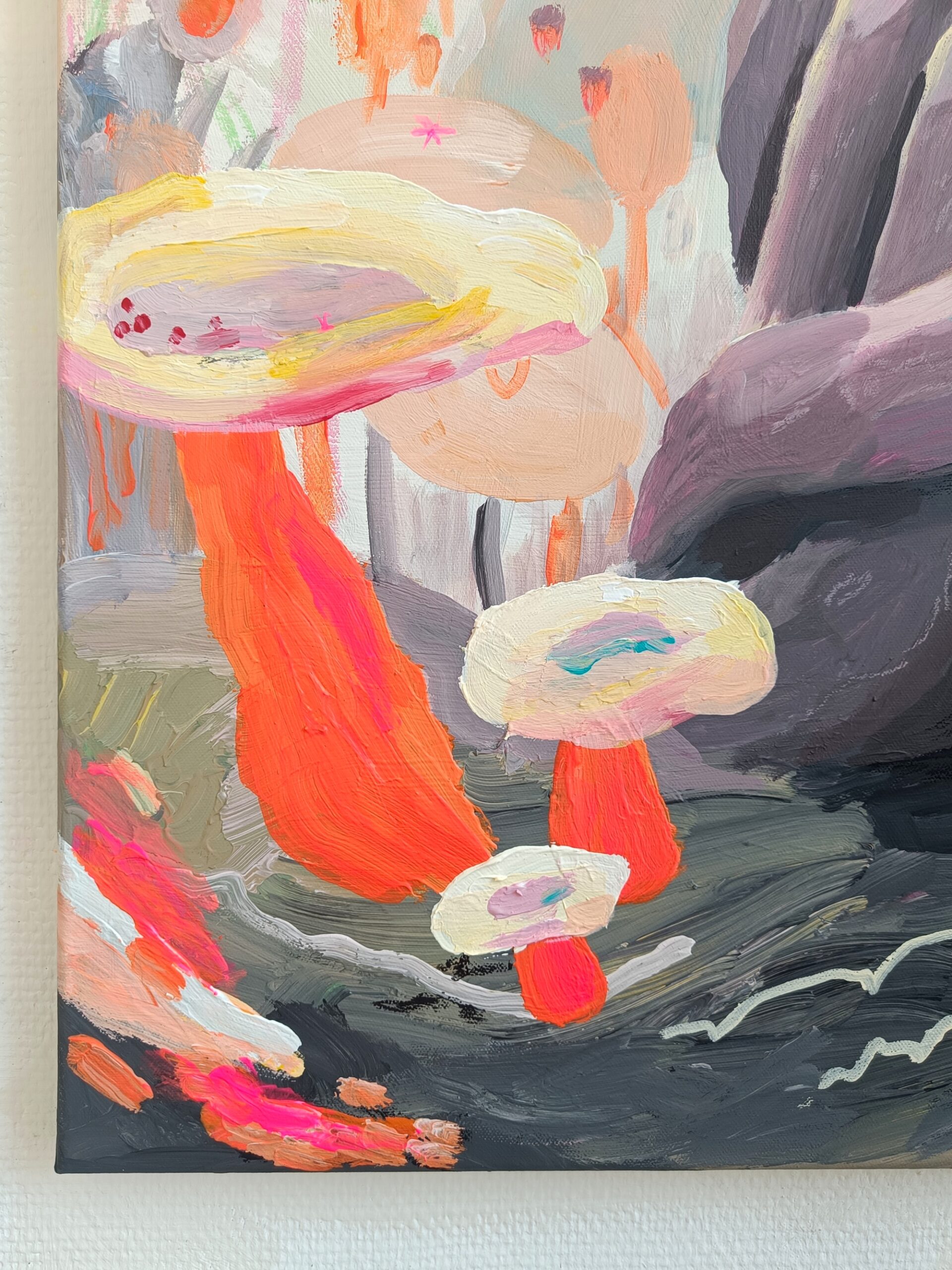 Acrylic painting by Petra Holländer of a large stone-like figure sitting with knees drawn in and arms around itself. A small glowing figure emerges from its head, scattering stone fragments in a colorful, fantastical landscape, representing breaking free from old patterns and discovering new possibilities.